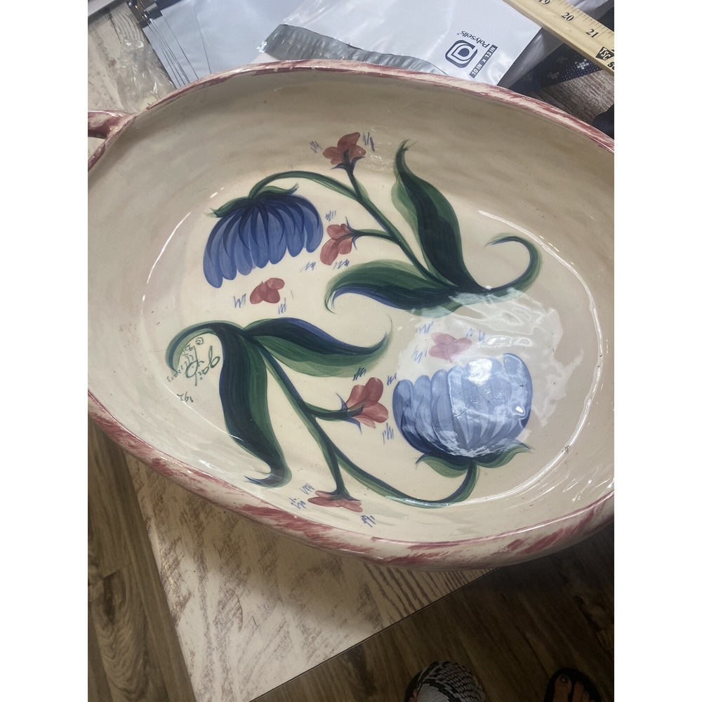 Gail Pittman Ceramic Basket Hand Painted Floral Pottery 21 x 13 Decorative Tray